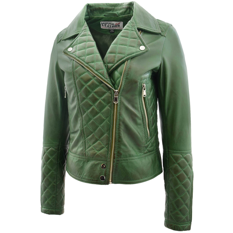 Womens Leather Biker Jacket with Quilt Detail Ziva Green 3