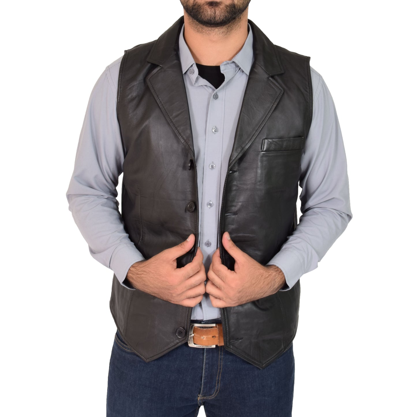 button fastening soft napa leather waistcoat