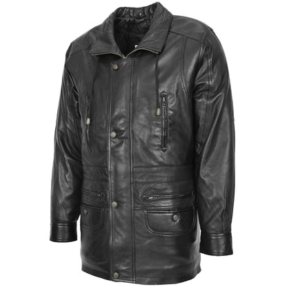 Mens Leather Winter Car Coat Hip Length Jason Black 3