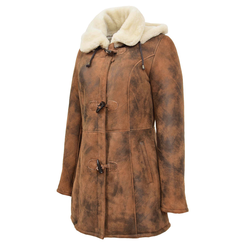 Womens Sheepskin Duffle Coat Mid Length Ellen Vintage Brown 4