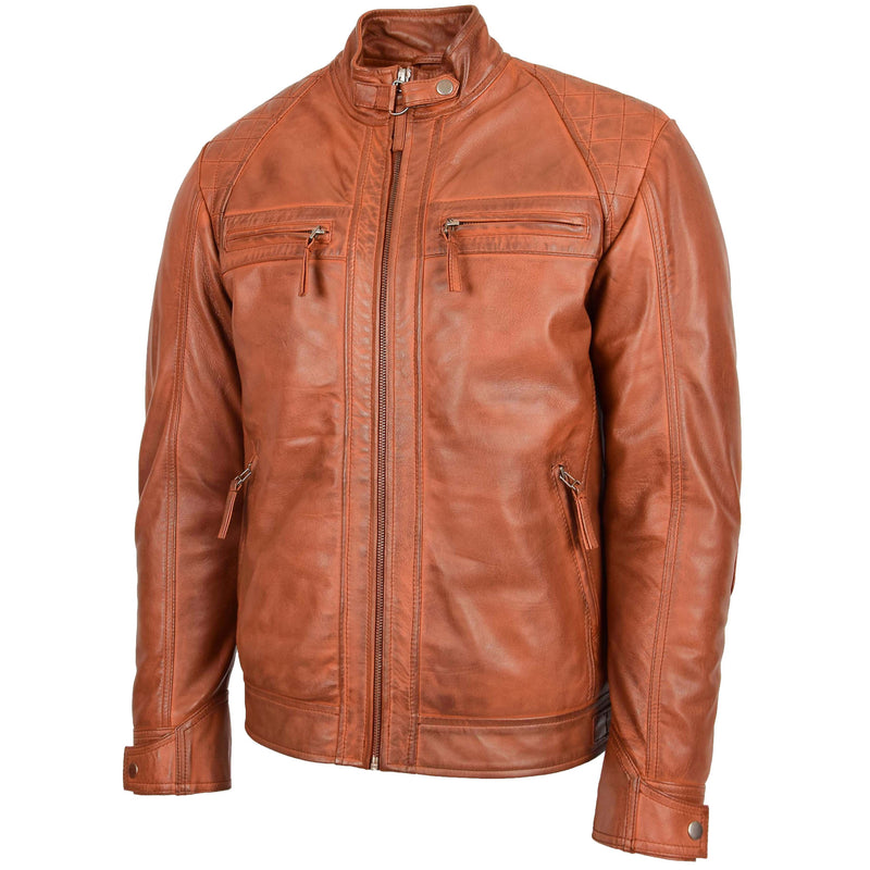 Mens Biker Leather Jacket Standing Collar Bowie Cognac Tan 3