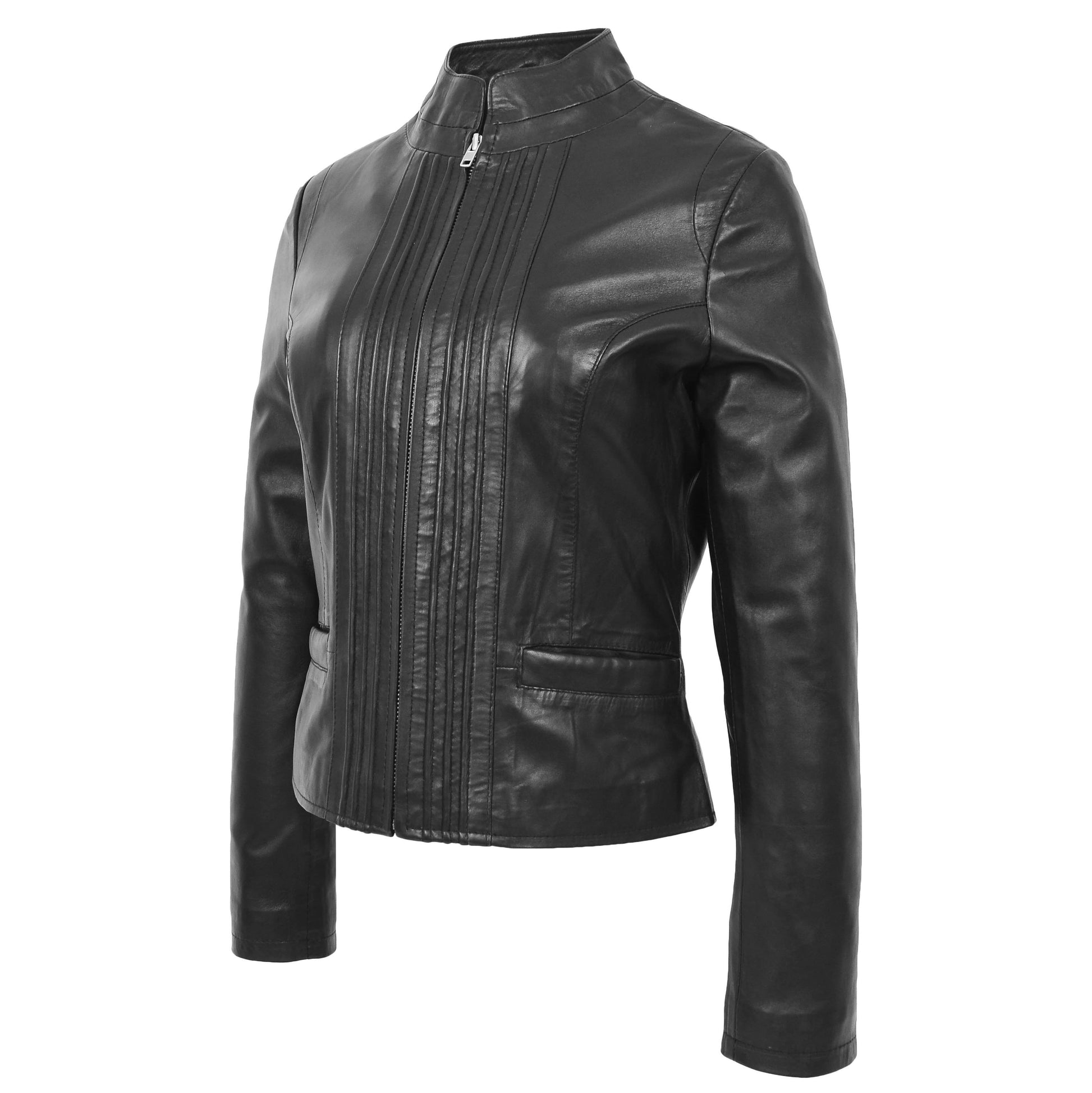 Womens Leather Casual Standing Collar Jacket Ivy Black 3