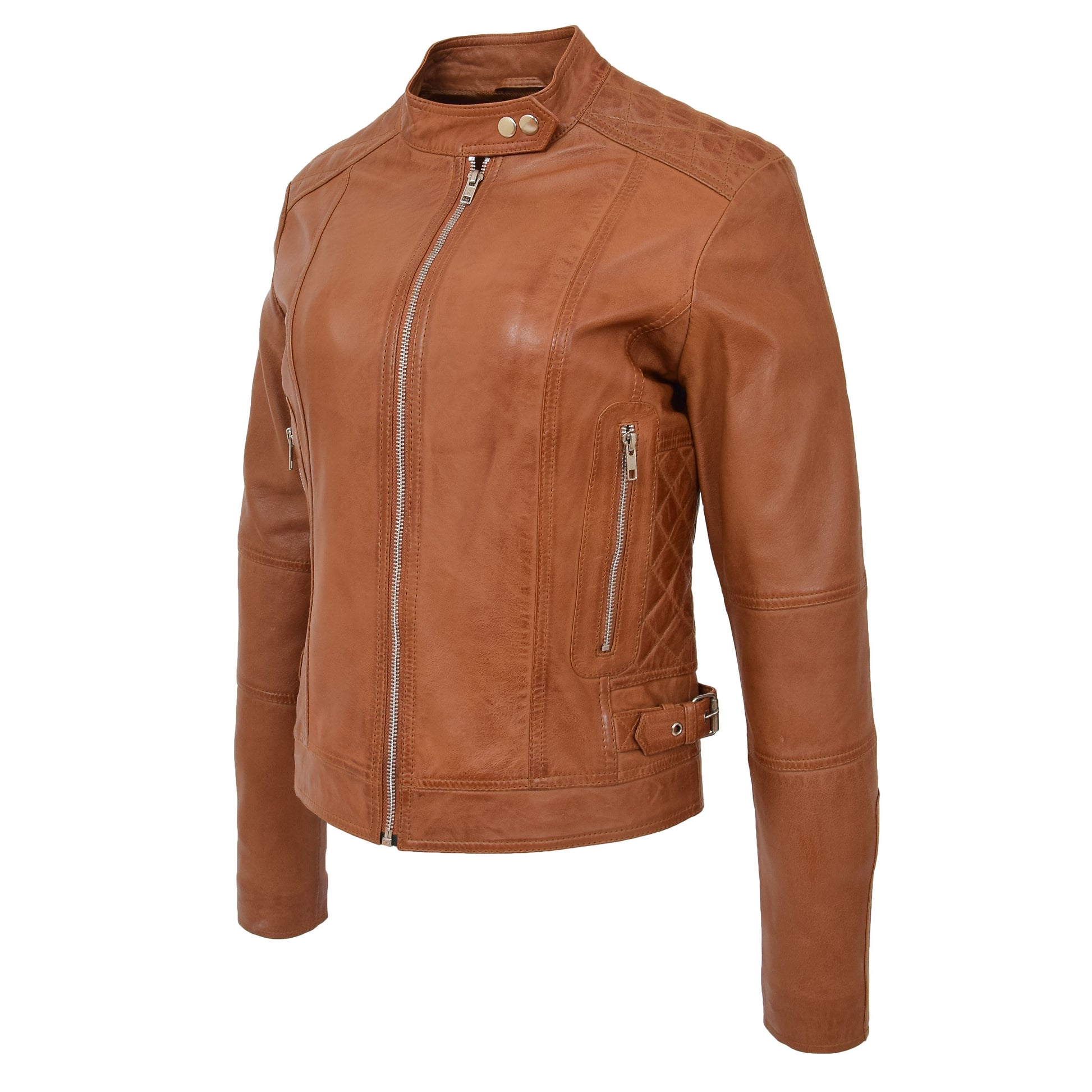 Womens Soft Leather Casual Zip Biker Jacket Ruby Tan 4