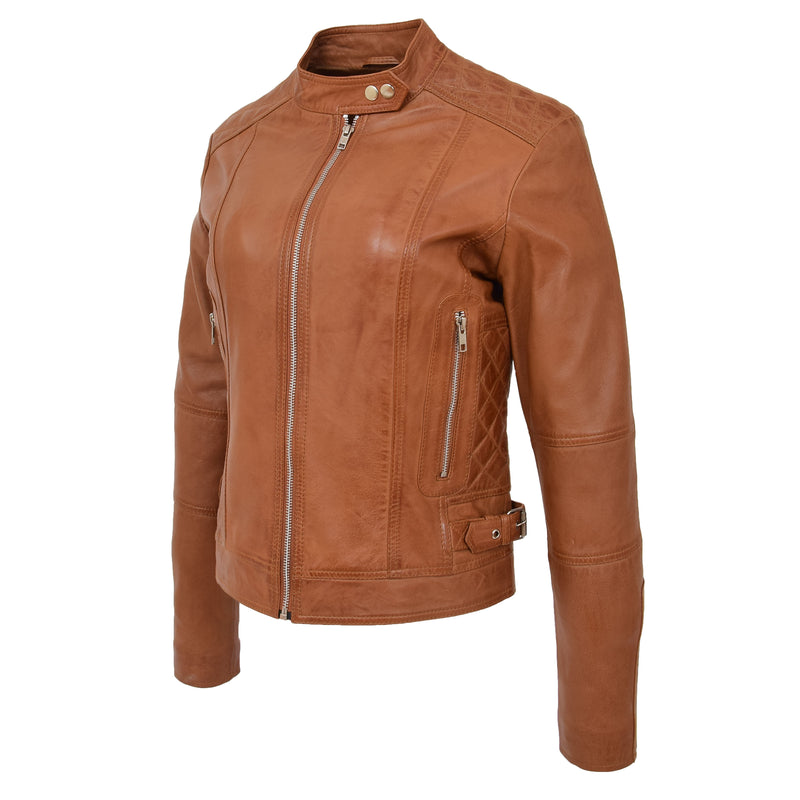Womens Soft Leather Casual Zip Biker Jacket Ruby Tan 4
