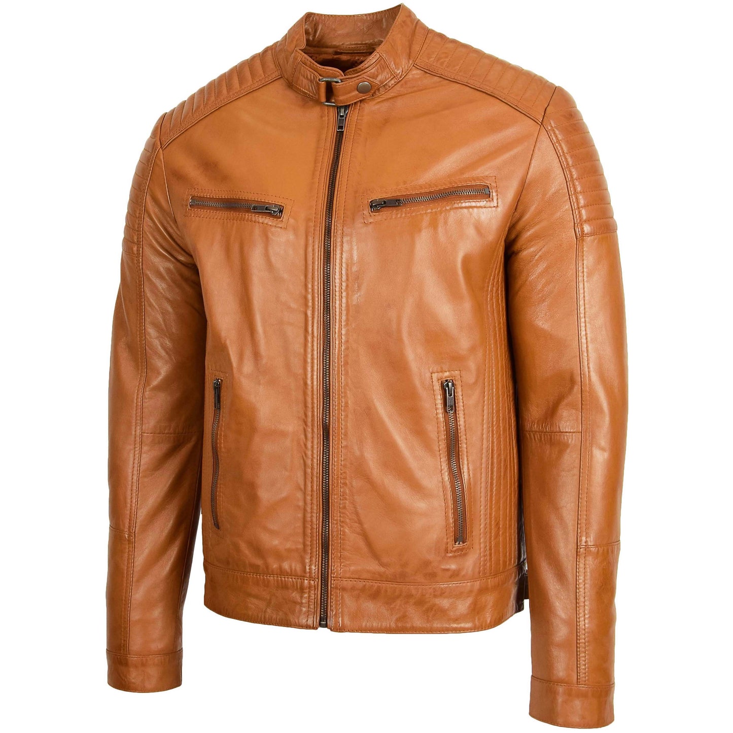 Mens Leather Cafe Racer Biker Jacket Ron Tan 3