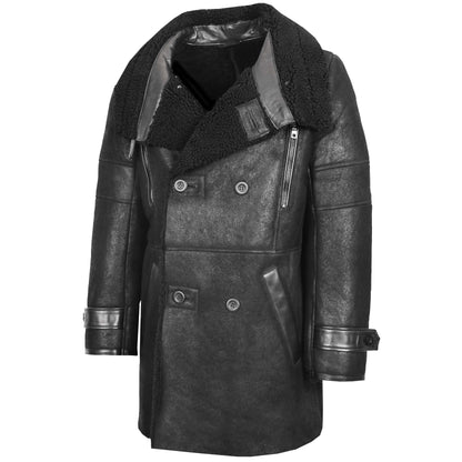 Mens Double Breasted Sheepskin 3/4 Length Coat Bryan Black 3