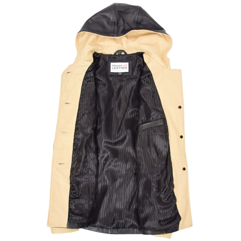 Womens Hooded Leather Button Jacket Carolina Black Beige 4