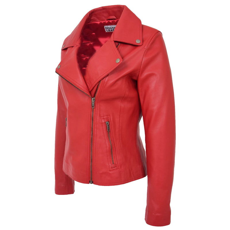 Womens Soft Leather Cross Zip Biker Jacket Lola Red 3