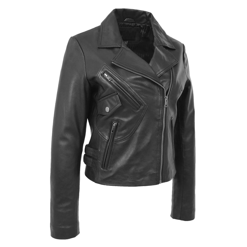 Womens Soft Leather Cross Zip Casual Jacket Jodie Black 4