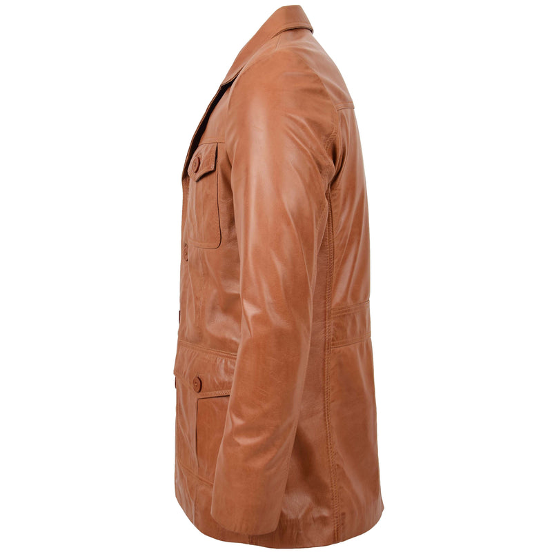 Mens Button Fastening Reefer Leather Jacket Tan | House of Leather