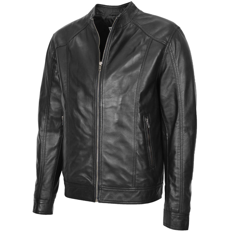 Mens Soft Leather Casual Plain Zip Jacket Matt Black 3