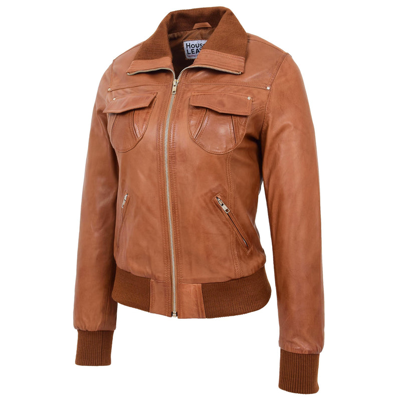 Womens Leather Classic Bomber Jacket Motto Tan 3