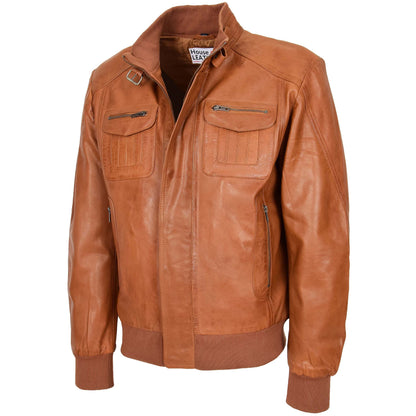 Mens Leather Bomber Flight Jacket Tom Tan 3