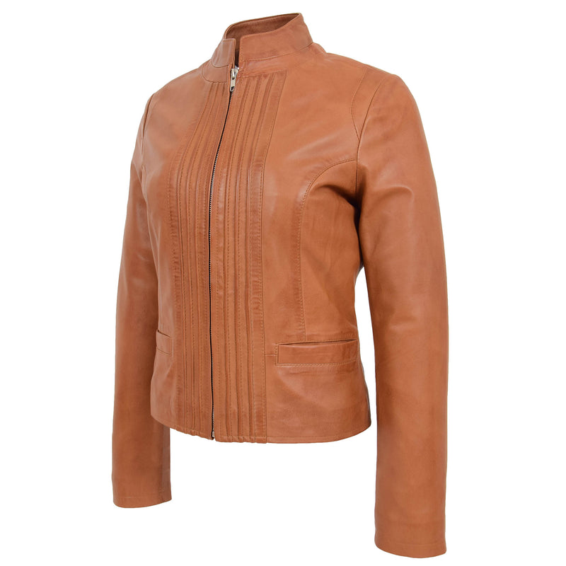 Womens Leather Casual Standing Collar Jacket Ivy Tan 4