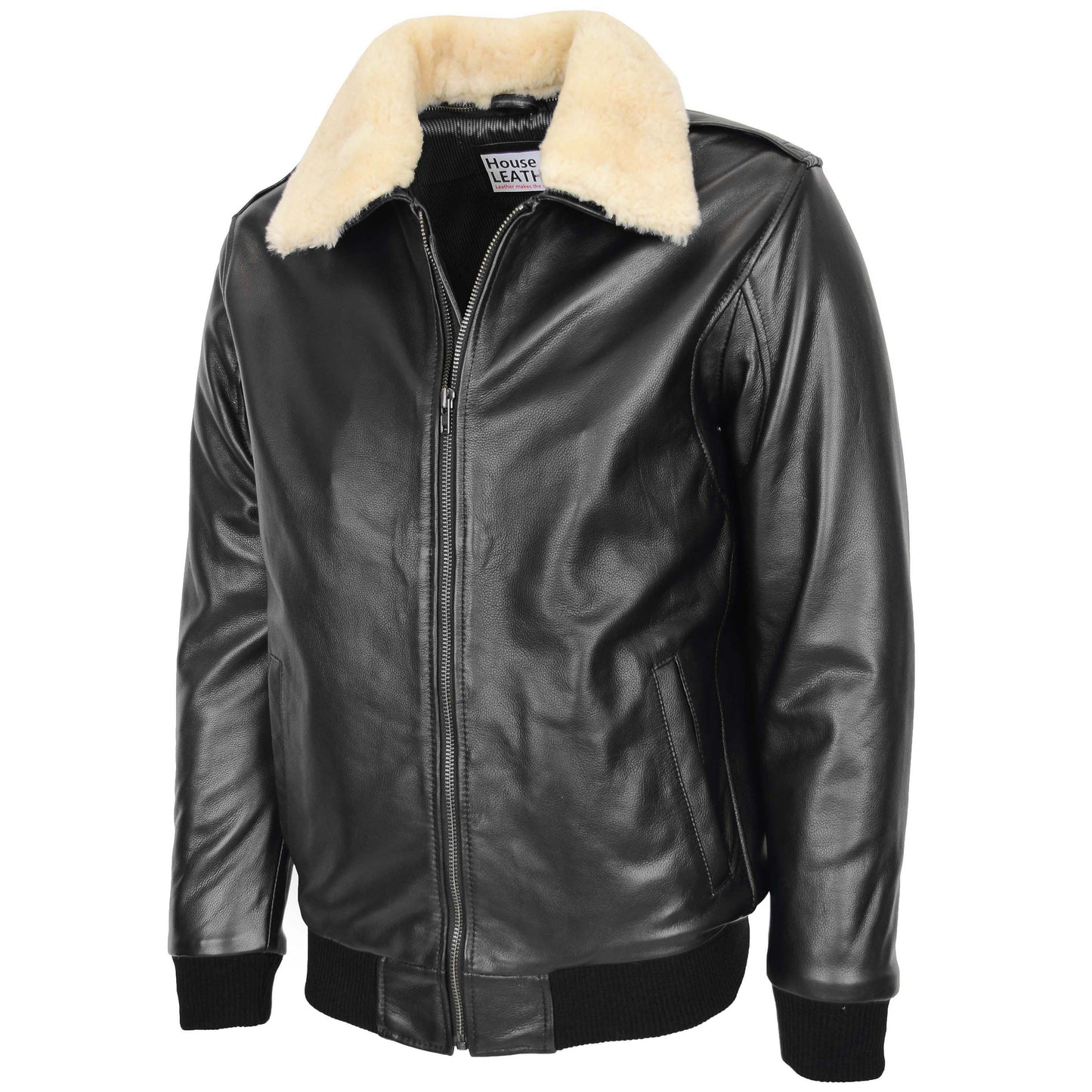 Mens Bomber Leather Jacket with Sheepskin Collar Viggo Black 3