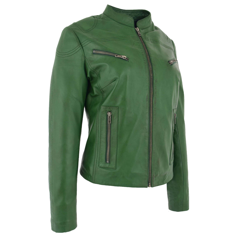 Womens Leather Standing Collar Jacket Becky Green 4