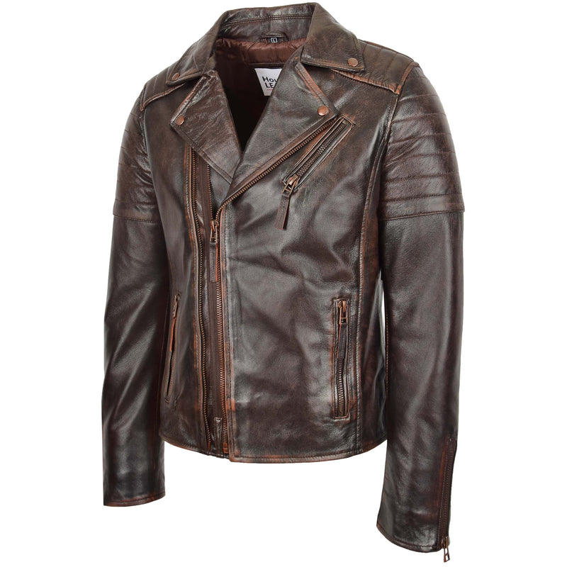 Mens Biker Leather Jacket Dual Zip Hook Brown Vintage 3