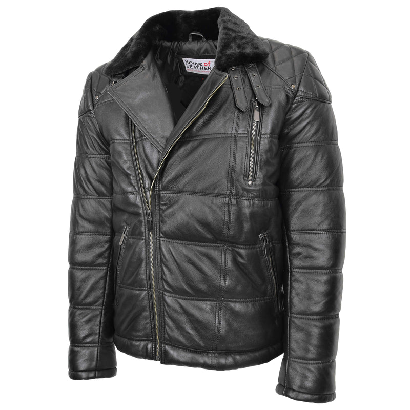 Mens Leather Biker Style Puffer Jacket Ronnie Black 3