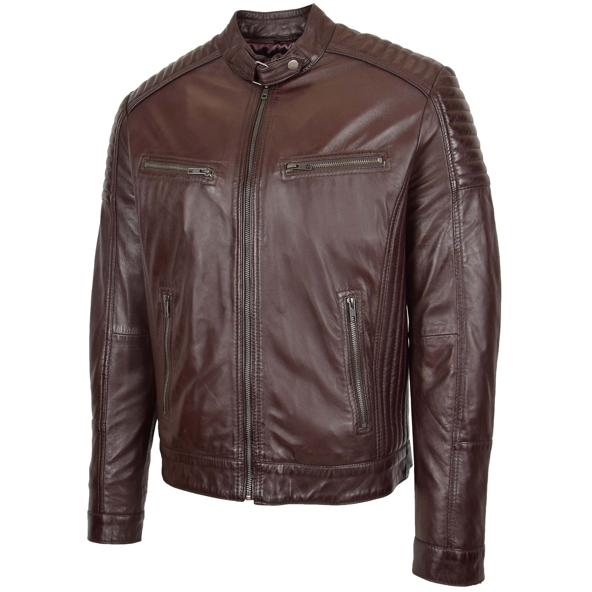 Mens Leather Cafe Racer Biker Jacket Ron Brown 3