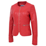 Womens Leather Collarless Jacket with Quilt Design Joan Red 3