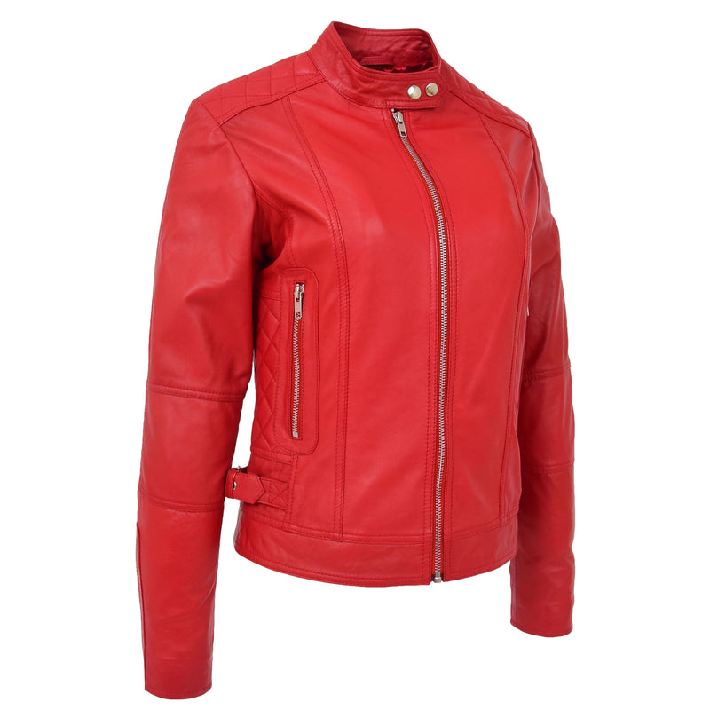 Womens Soft Leather Casual Zip Biker Jacket Ruby Red 4
