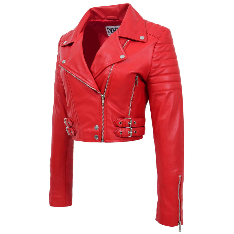 Womens Leather Cropped Biker Style Jacket Demi Red 4