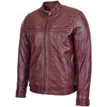 Mens Biker Leather Jacket Standing Collar Bowie Burgundy 3