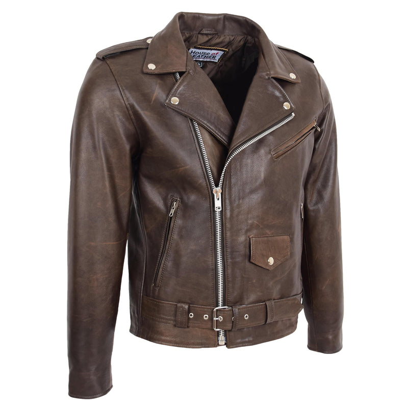Mens Heavy Duty Leather Biker Brando Jacket Kyle Antique Brown 3