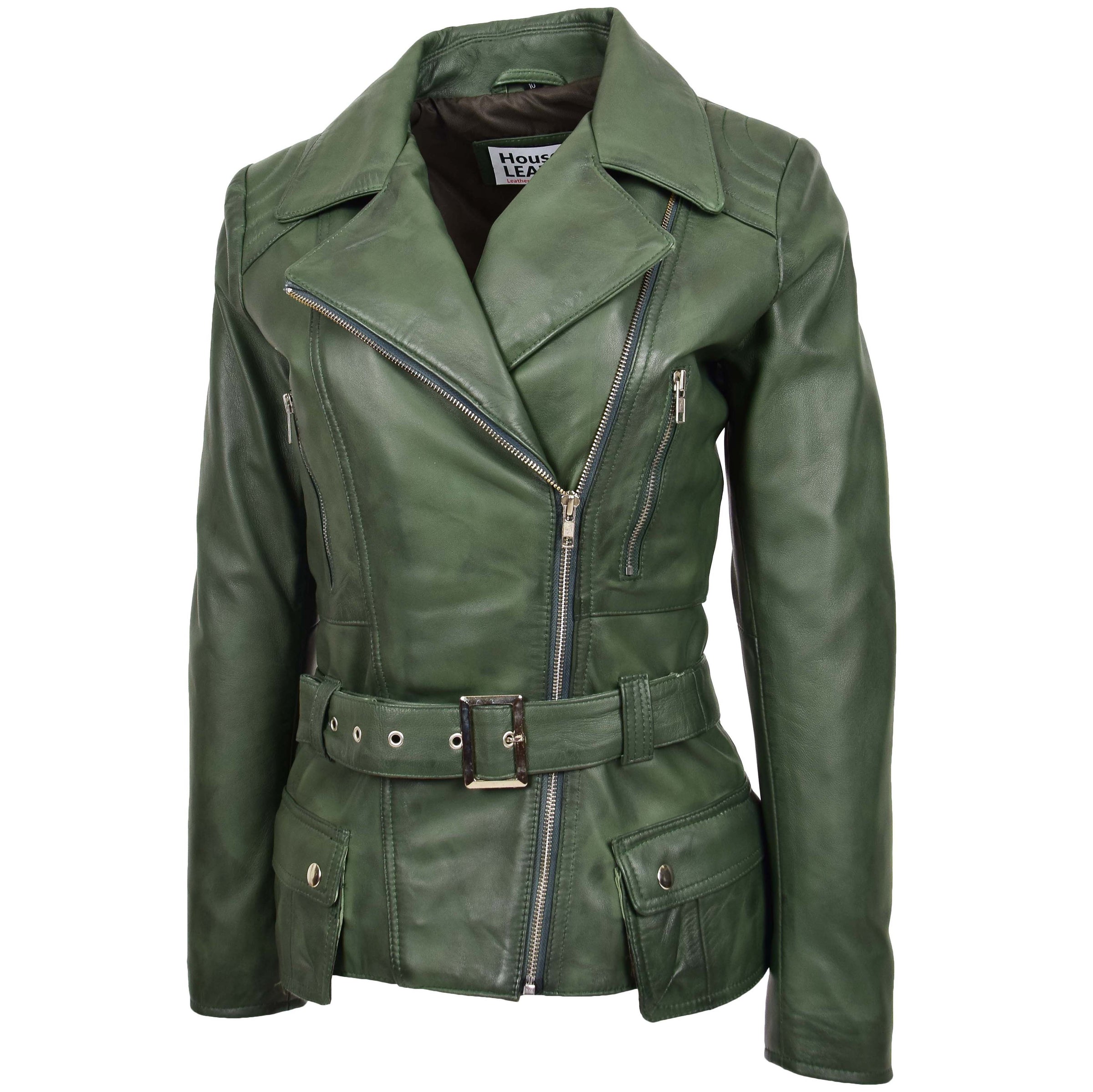 Womens Hip Length Jacket with Waist Belt Green | House of Leather