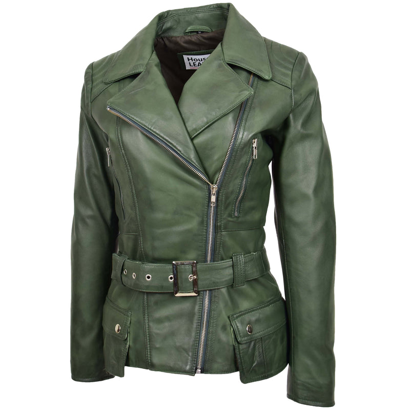 Womens Leather Hip Length Biker Jacket Celia Green 3
