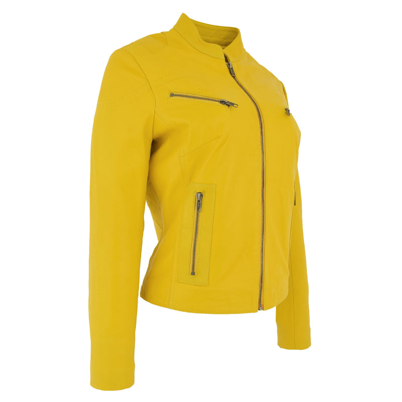 Womens Leather Standing Collar Jacket Becky Yellow 3