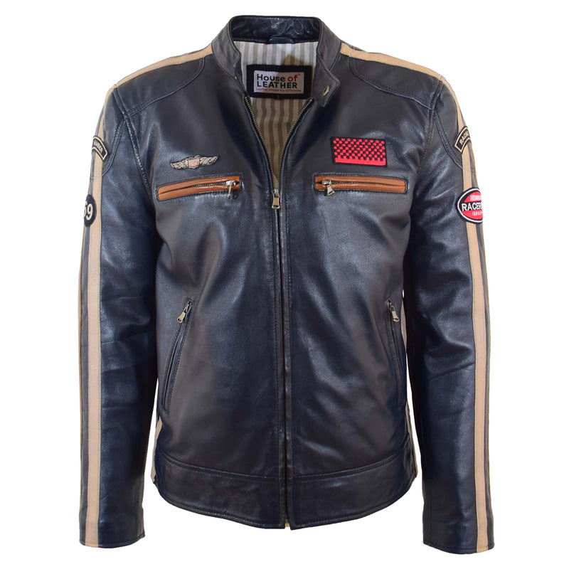Mens Real Leather Biker Jacket Cafe Racer Style Badges TRON Navy 5