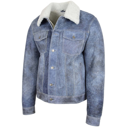 Mens Real Sheepskin Trucker Jacket Noah Denim Blue 3