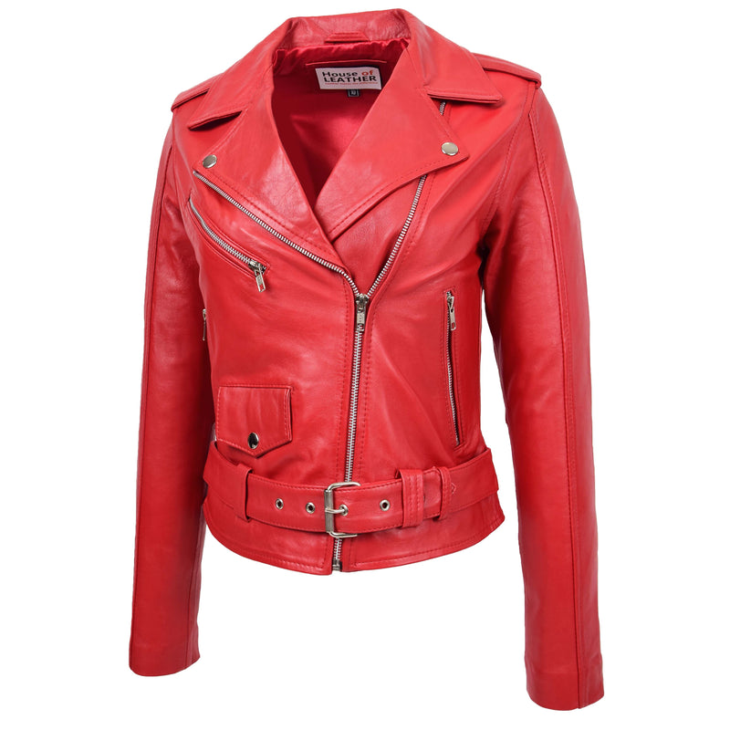 Womens Real Leather Biker Brando Style Jacket Mia Red 3
