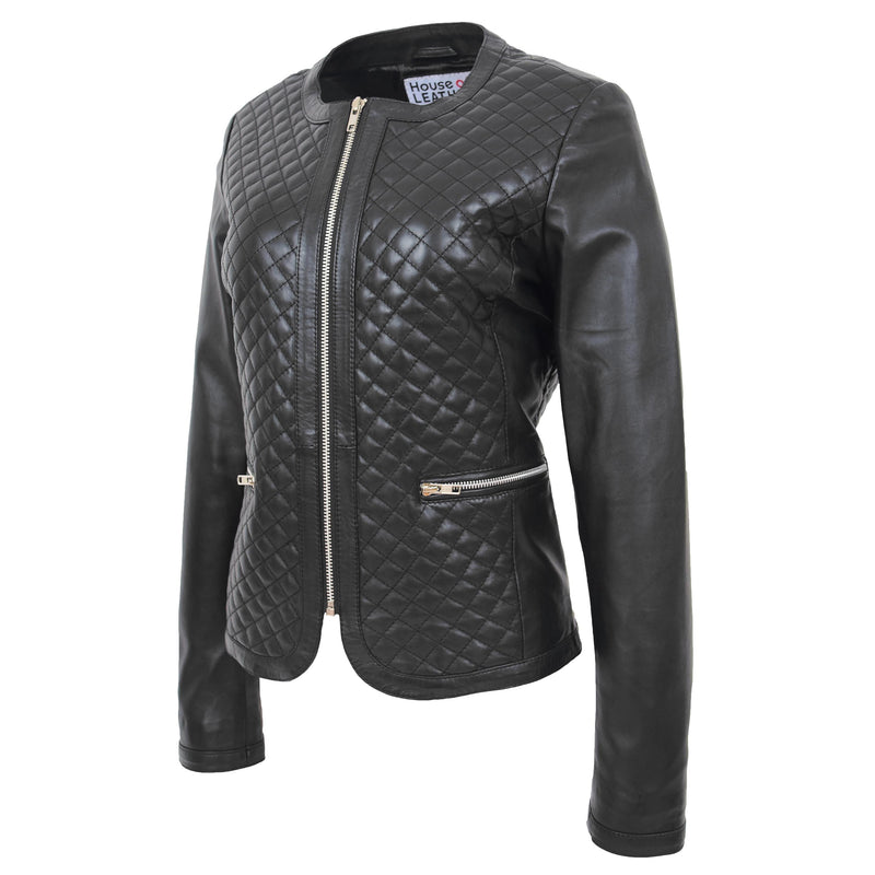 Womens Leather Collarless Jacket with Quilt Design Joan Black 3
