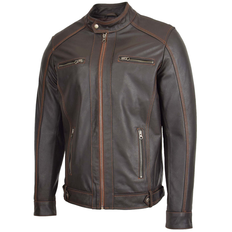 Mens Classic Leather Biker Style Zip Jacket Ethan Brown 3