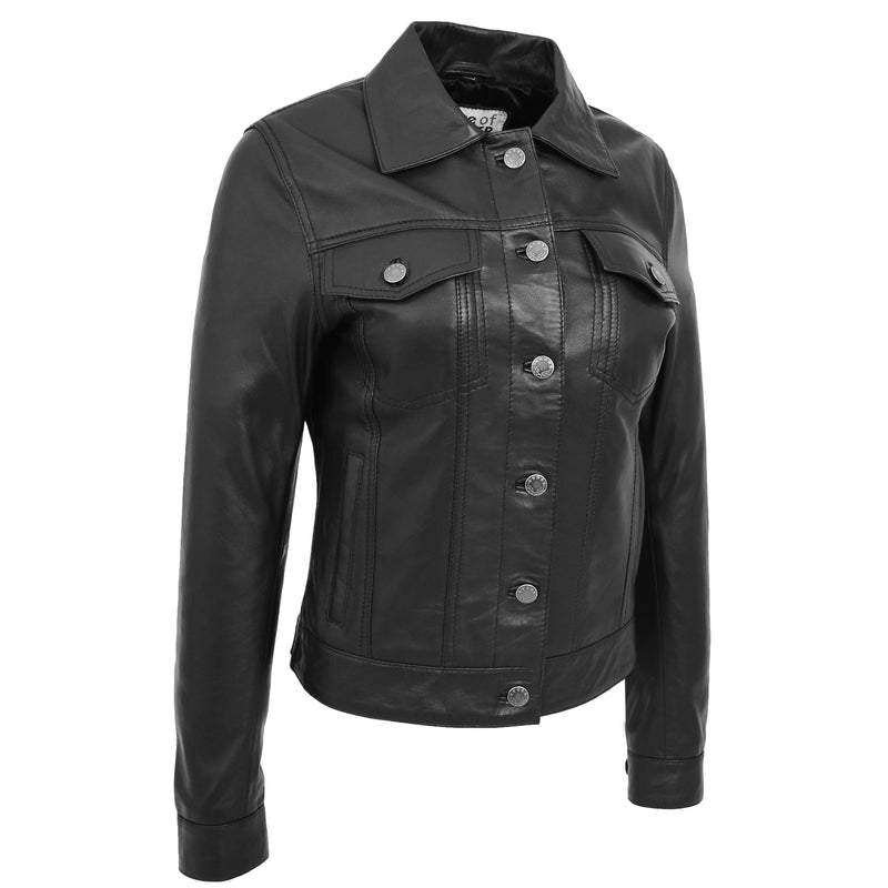 Womens Soft Leather Trucker Style Jacket Alma Black 4
