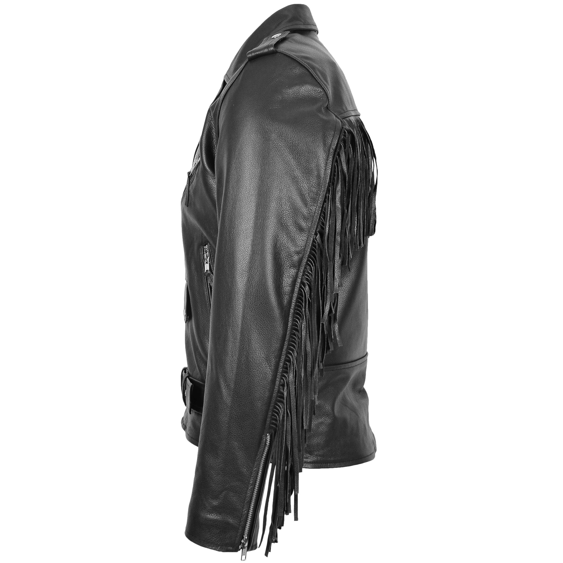 Mens Biker Brando Leather Jacket with Fringes Wayne Black 4