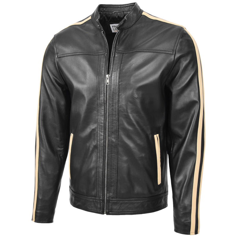 Mens Leather Biker Jacket with Racing Stripes Clyde Black 3