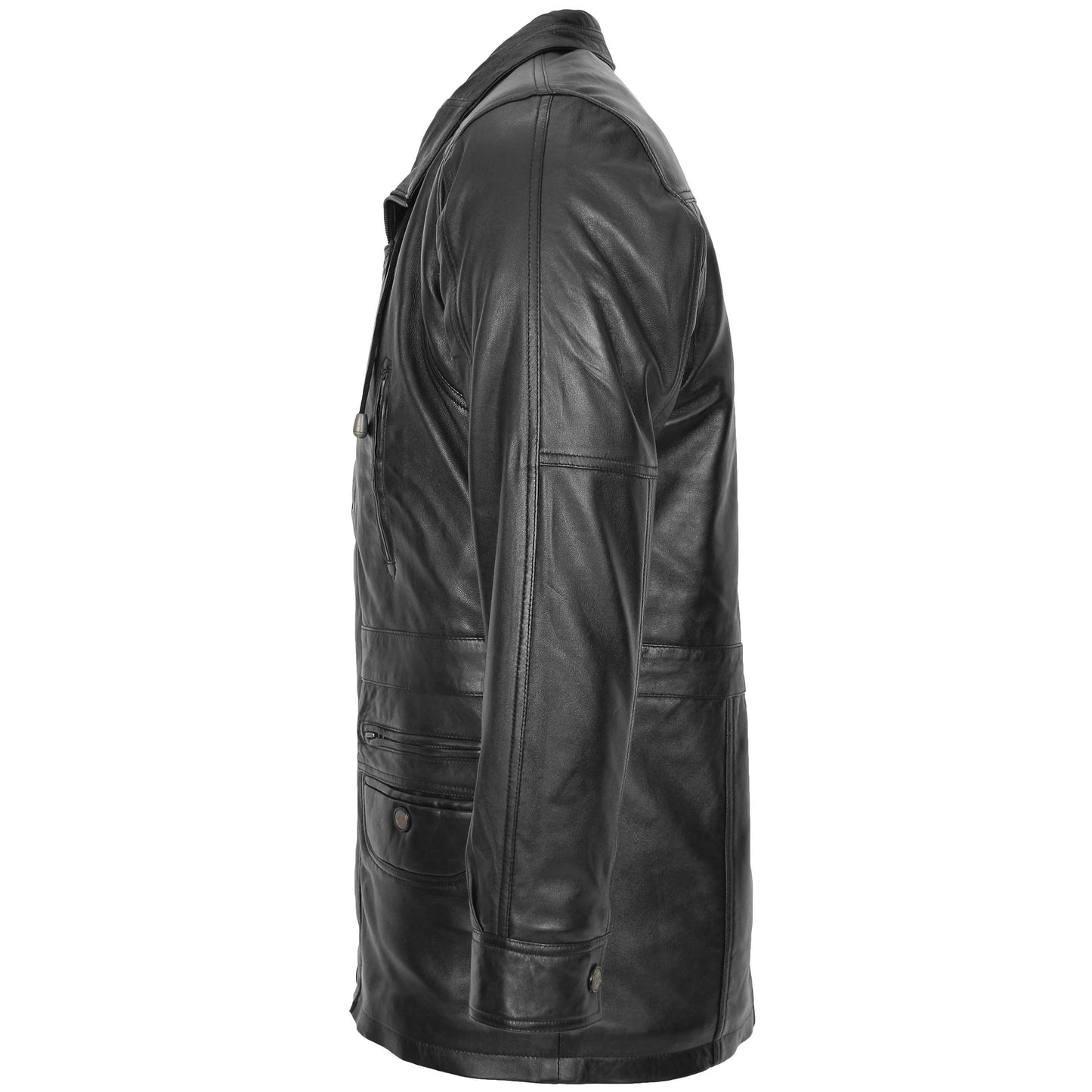 Mens Leather Winter Car Coat Hip Length Jason Black 4