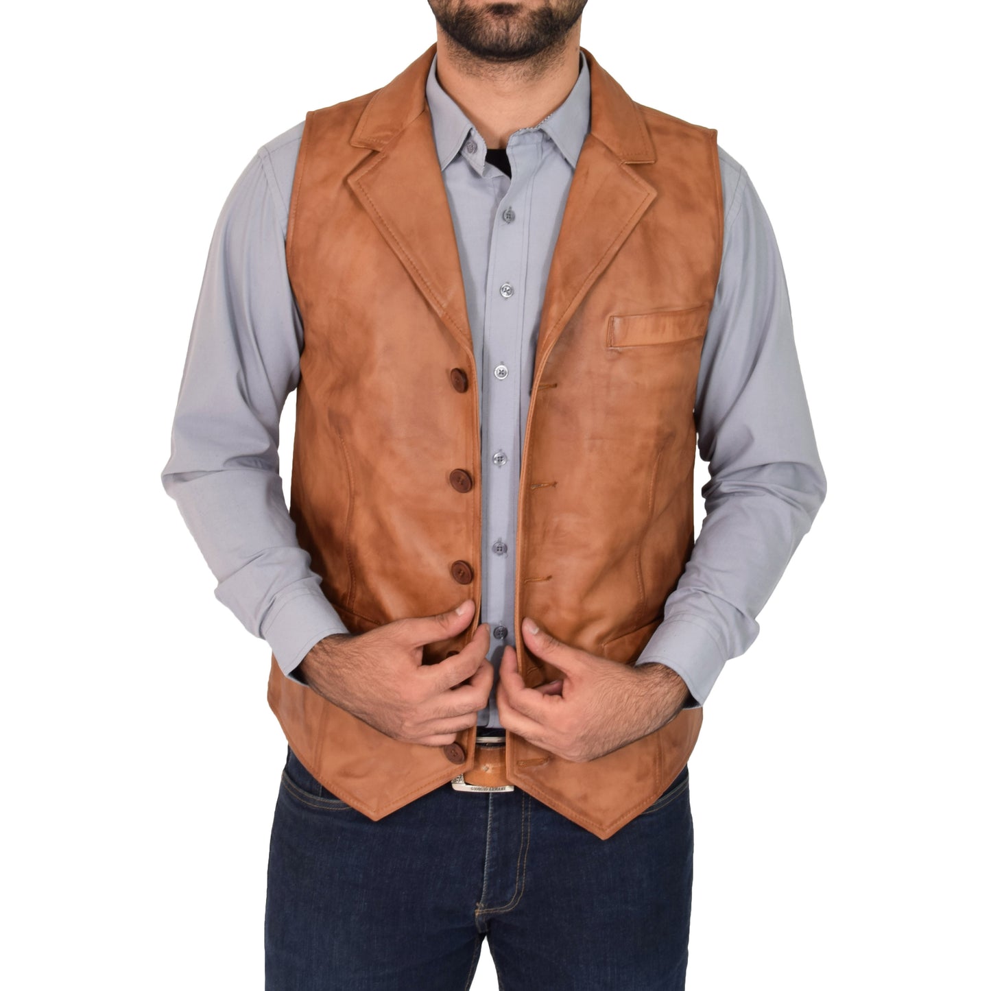 mens tan leather waistcoat