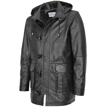 Mens Leather Duffle Coat with Hoodie Jack Black 3