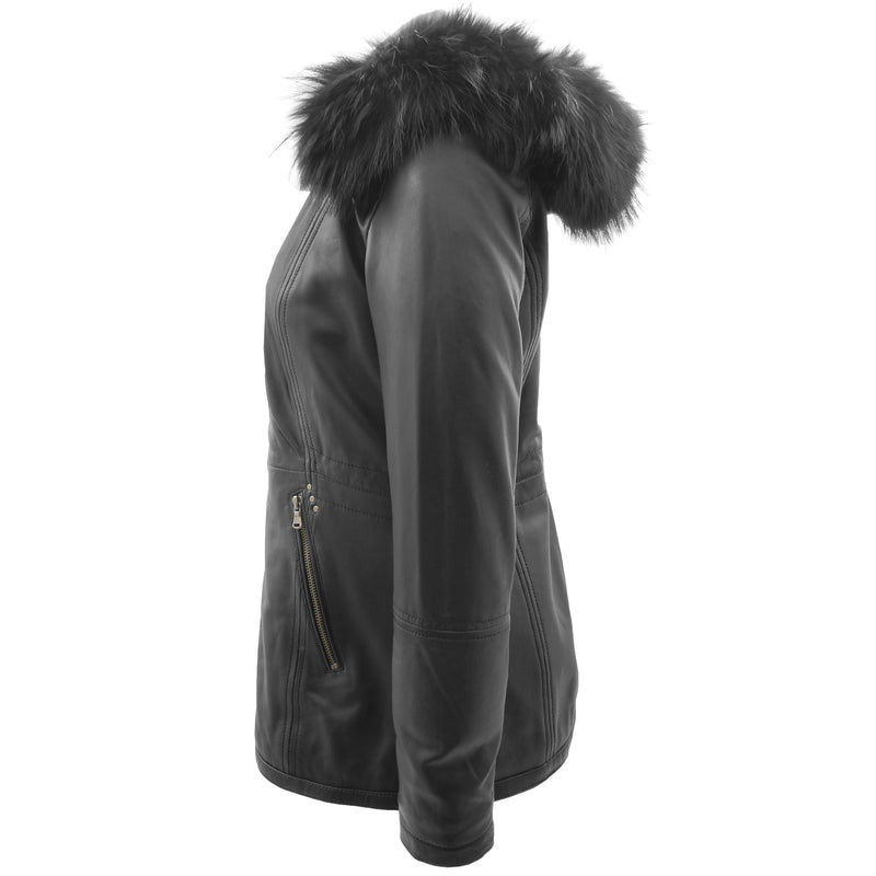 Womens Real Leather Mid Length Coat Fleur Black 4