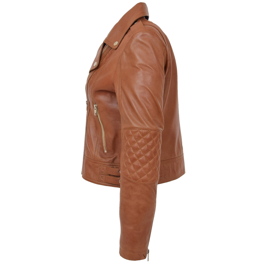 Womens Real Leather Biker Cross Zip Fashion Jacket Remi Tan 5