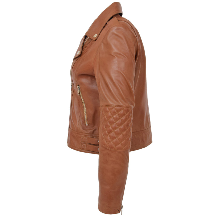 Womens Real Leather Biker Cross Zip Fashion Jacket Remi Tan 5