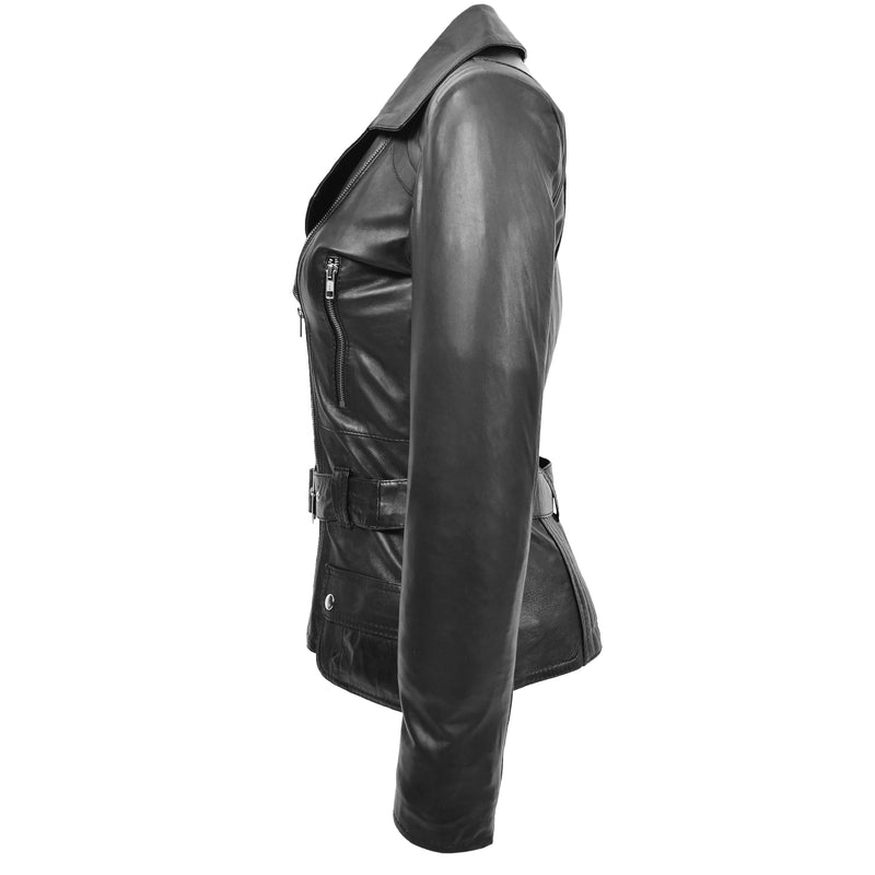 Womens Leather Hip Length Biker Jacket Celia Black 4