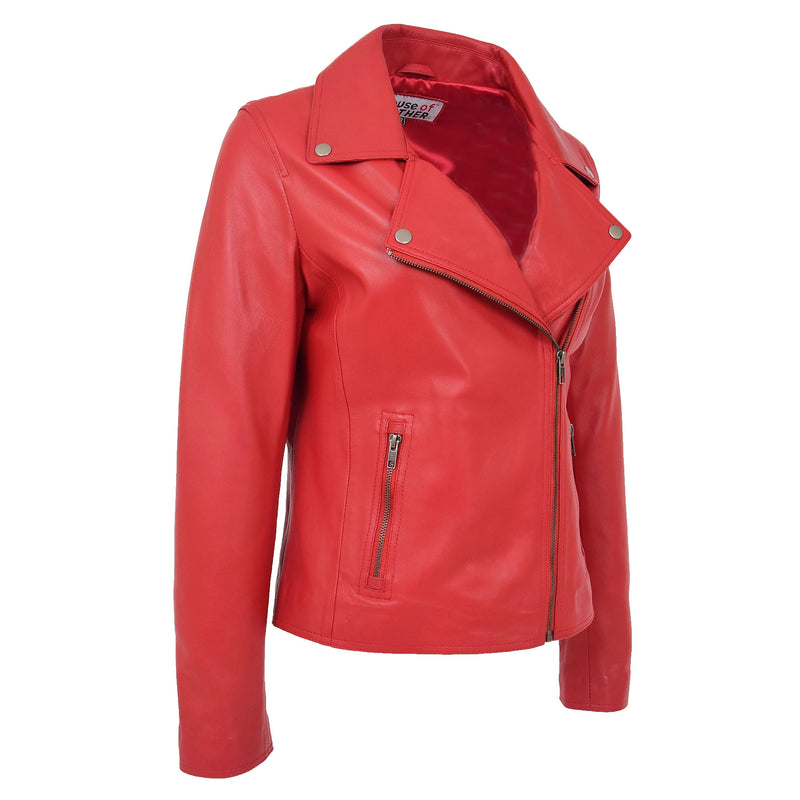 Womens Soft Leather Cross Zip Biker Jacket Lola Red 4