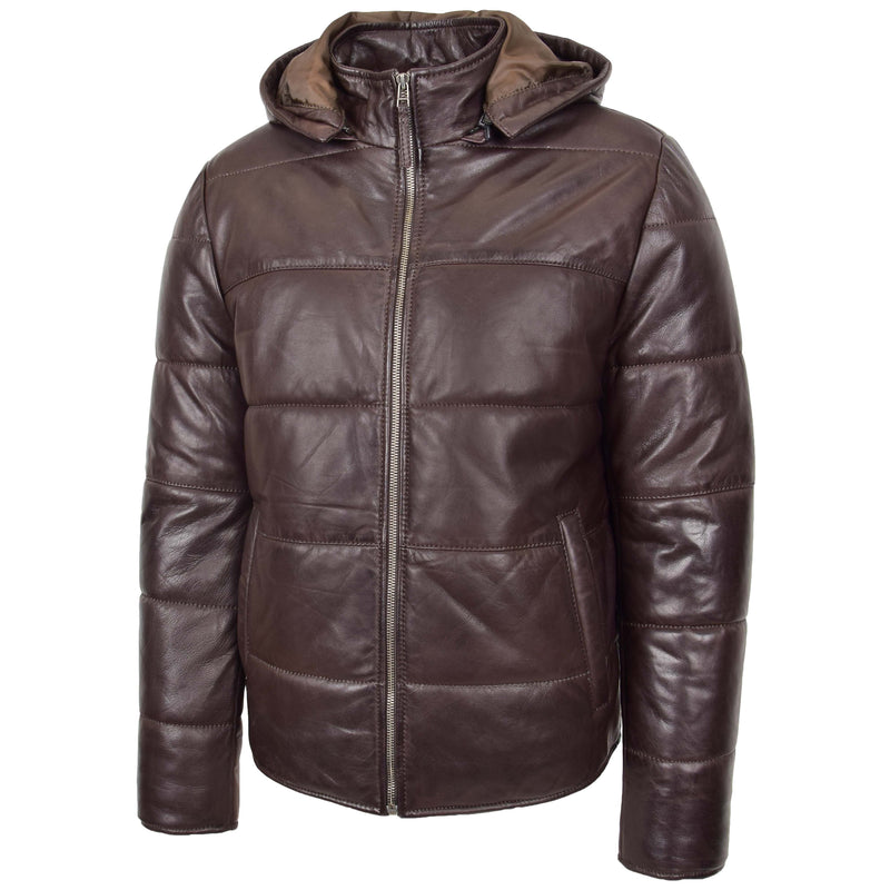 Mens Leather Hooded Puffer Jacket Rory Brown 3