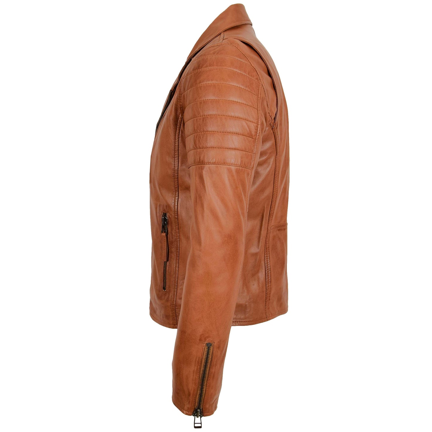 Mens Biker Leather Jacket Dual Zip Hook Tan 4