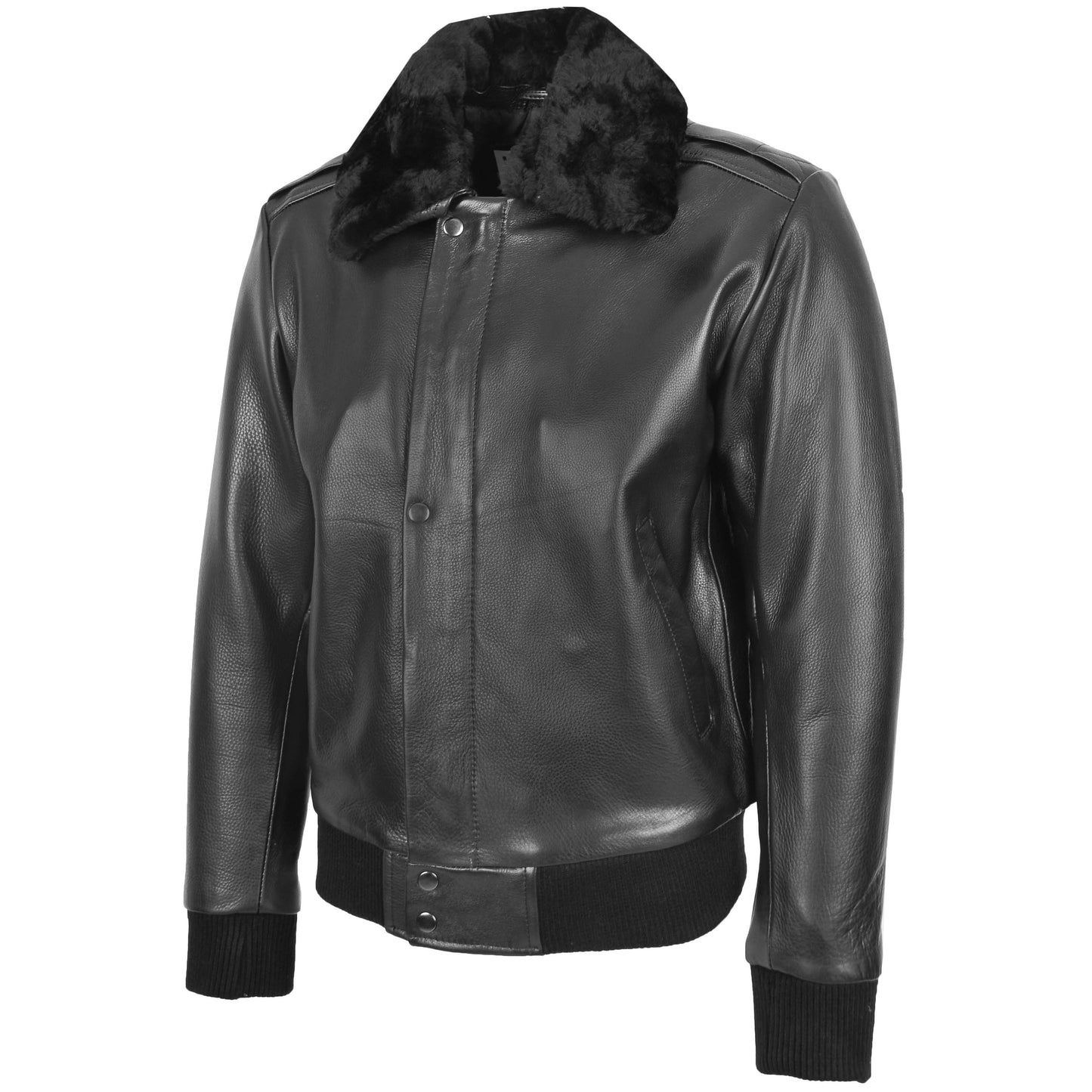 Mens Leather Bomber Pilot Jacket Removable Collar Leroy Black 4